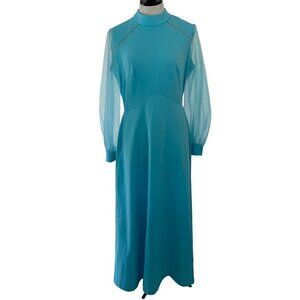 Montgomery Ward Vintage 1970s Womens Gown Size L Blue Maxi Rhinestone Embellishe